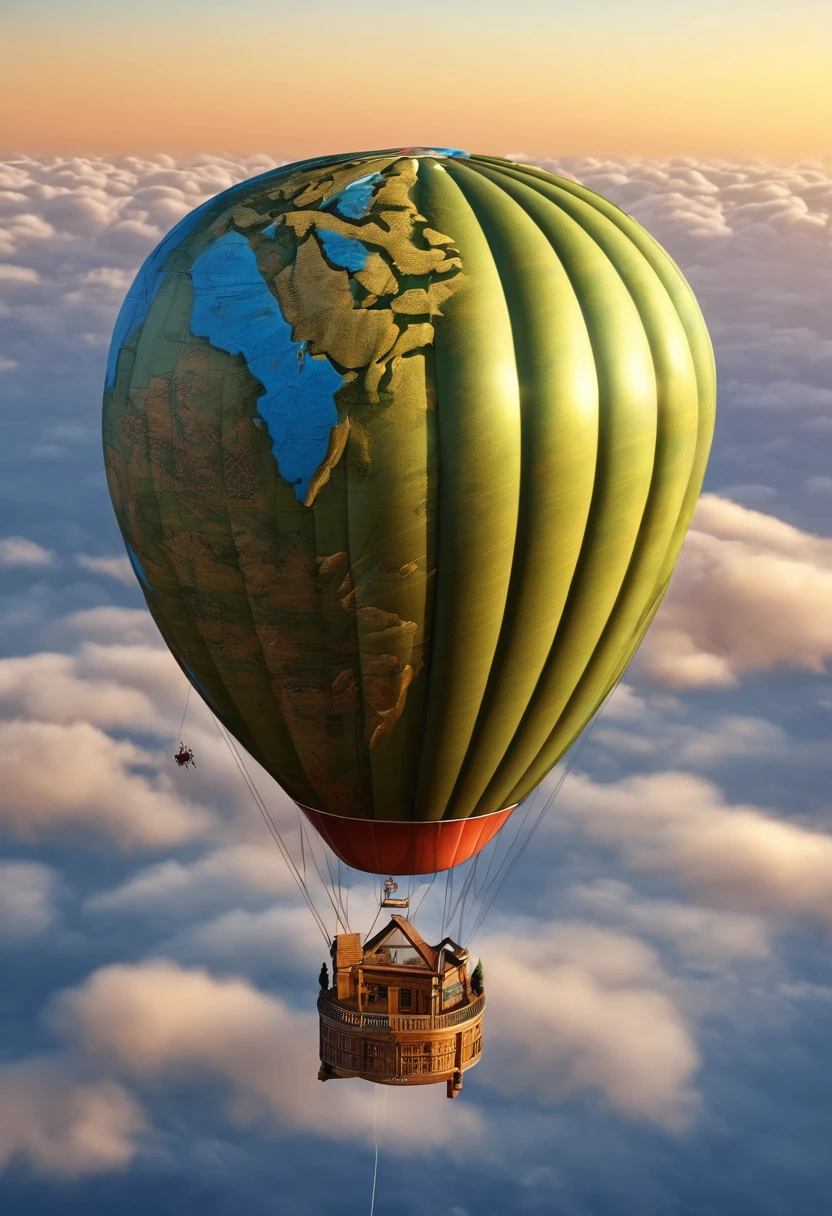 A picture of a hot air baloon whose baloon is a the (map of Earth: best detailed, masterpiece, ultra detailed: 1.5), it flies at dawn, over rolling grass hills, high details, best quality, 16k, [ultra detailed], masterpiece, best quality, (ultra detailed), full body, ultra wide shot, photorealism 3d rendering,