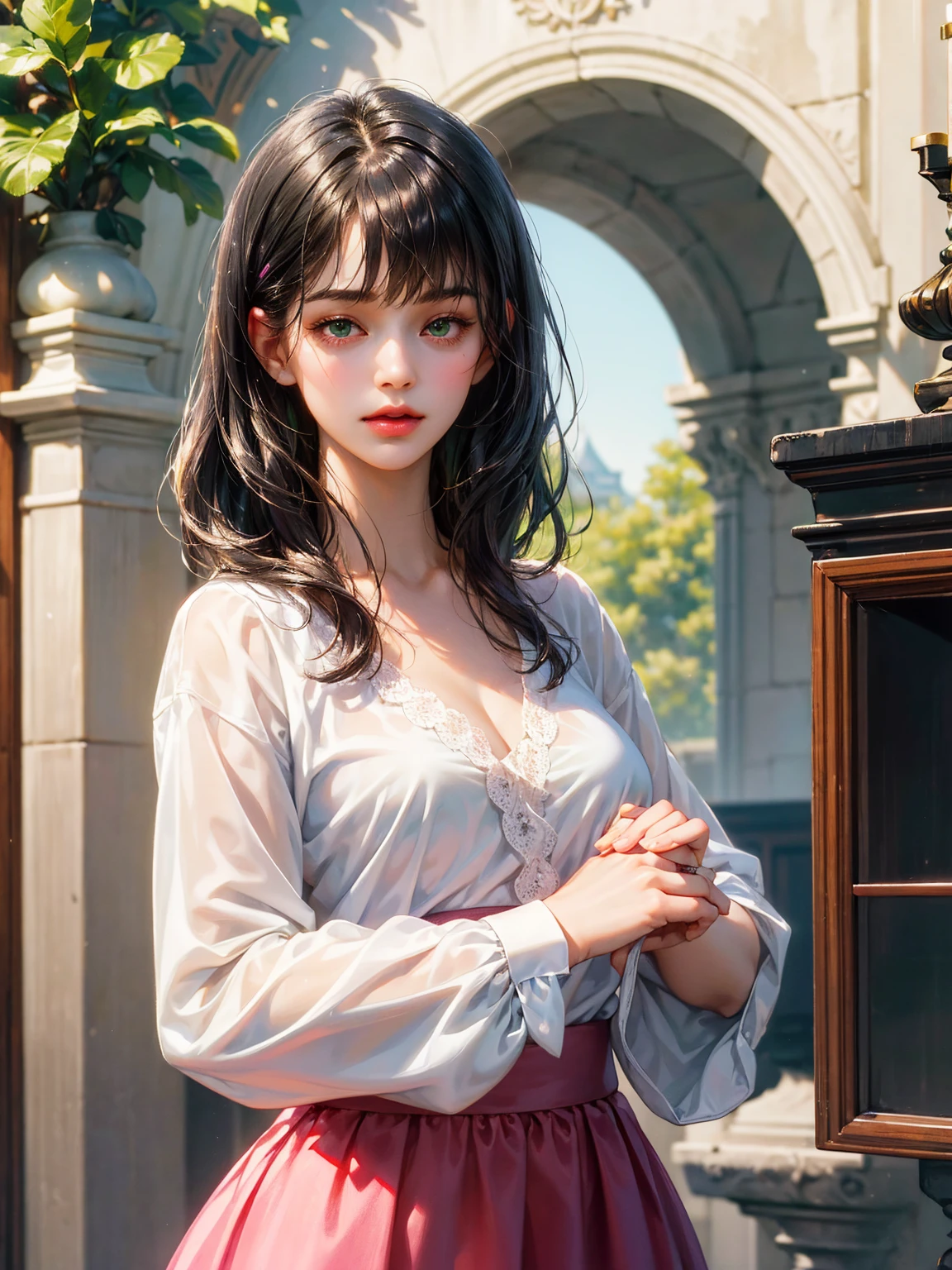 A girl, medium black hair with bangs, small breast, green eyes. She wears a white shirt with a fuchsia ribbon, a short fuchsia skirt. Beautiful girl, detailed eyes, detailed face, detailed hands. She looks at the viewer. Full figure. Background a castle