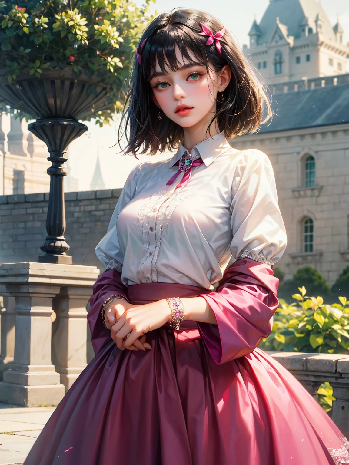 A girl, medium black hair with bangs, small breast, green eyes. She wears a white shirt with a fuchsia ribbon, a short fuchsia skirt. Beautiful girl, detailed eyes, detailed face, detailed hands. She looks at the viewer. Full figure. Background a castle
