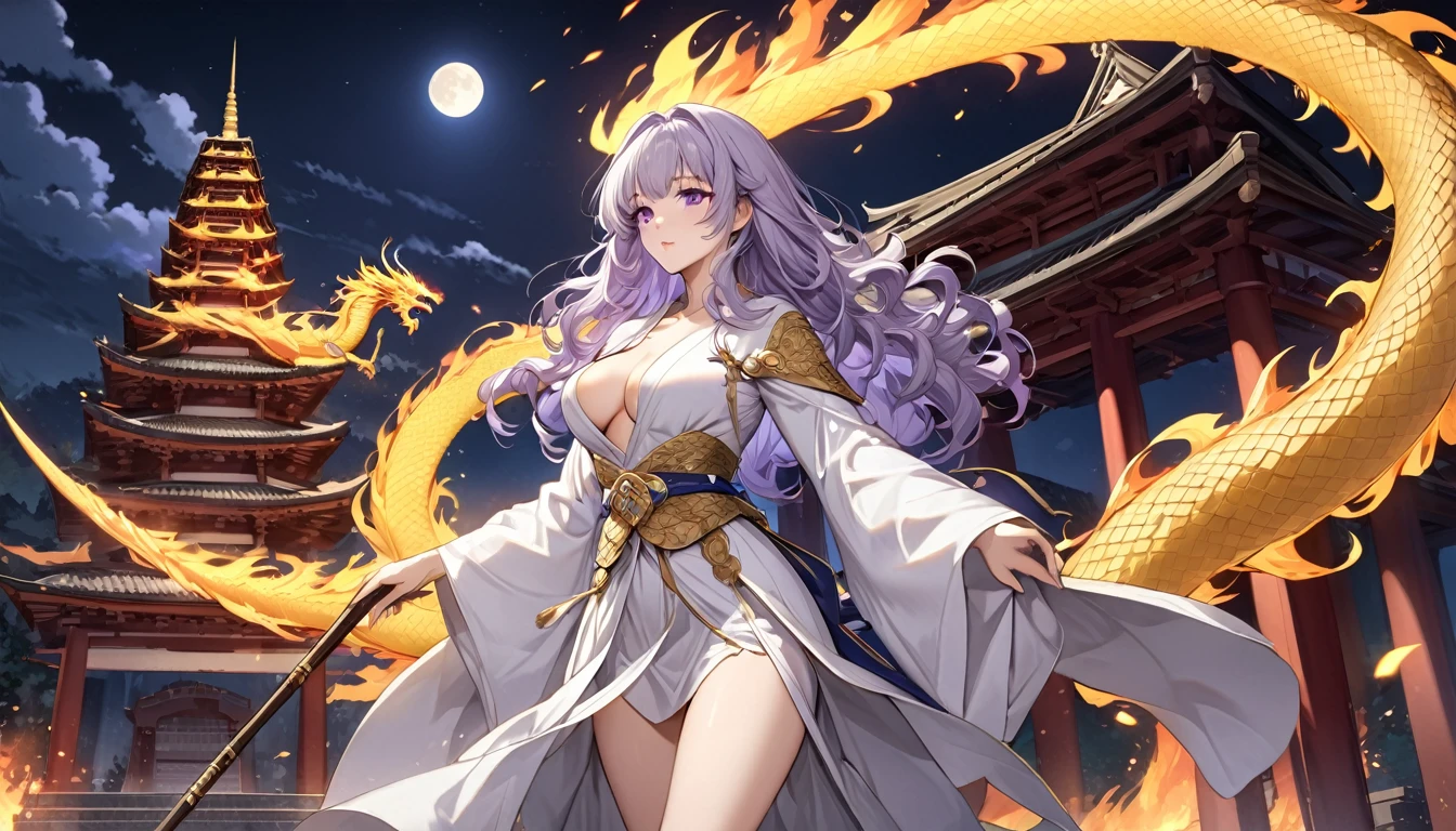 (8k, Highest quality, masterpiece: 1.2), Fire Emblem: Genealogy of the Holy War,Deirdre,Purplish silver hair,Wavy Hair,Fleeting,Long walking stick,White-based robe,beautiful girl,Moonlit Night,Western-style temple,sexy,Glamour,Purple Eyes,sacred,Golden Dragon