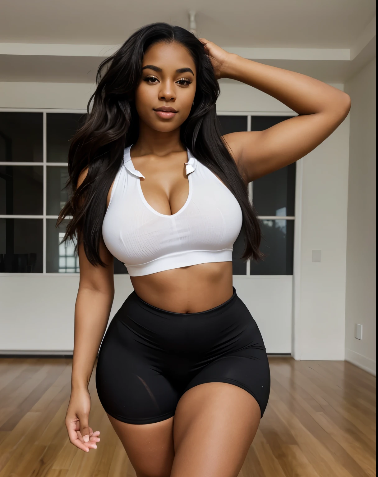 Mixed black ethnicity, curvy girl, long straight hair, sexy sport clothes, home