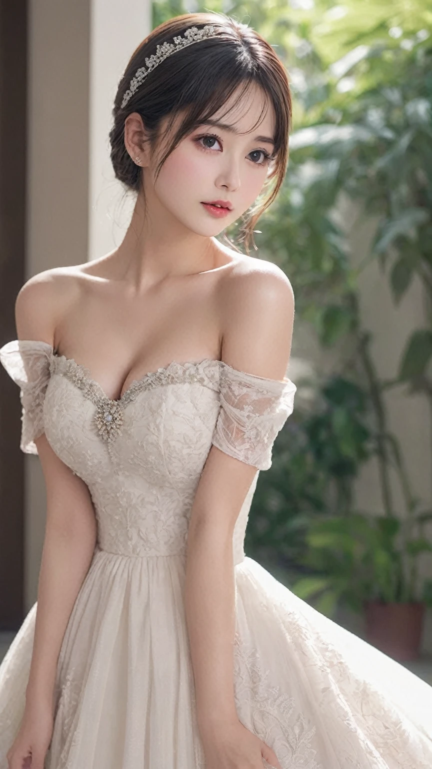 masterpiece:1.4,best-quality,Super Detail,Very Delicate and Beautiful, ((( cute girl , royalty dress ))), very gigantic breasts, cleavage, very slender, off-shoulder, perfect face, beautiful eyes