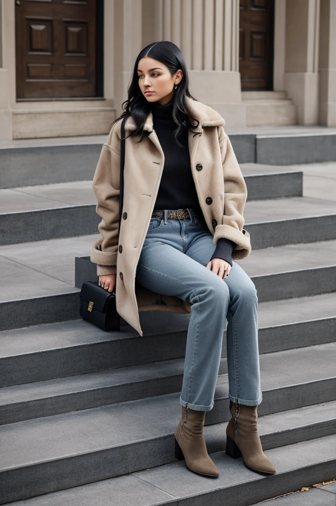 Autumn and winter catwalks，Gray tones，European and American women，Beige fur coat，Blue loose wide-leg long jeans，With an aquamarine striped shirt，Wear black leather boots，Inspired by Ralph Lauren，Valentino loose jeans, Large pants,   double denim, cropped shirt with jacket, Crewneck cropping, Kneeling