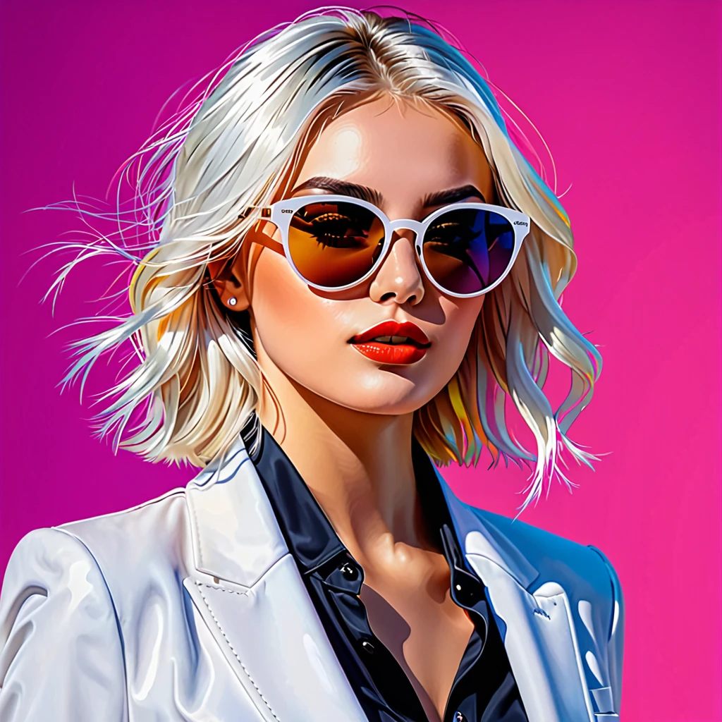 splash art, vivid color, a young woman with white hair in sunglasses and stylish suite, 