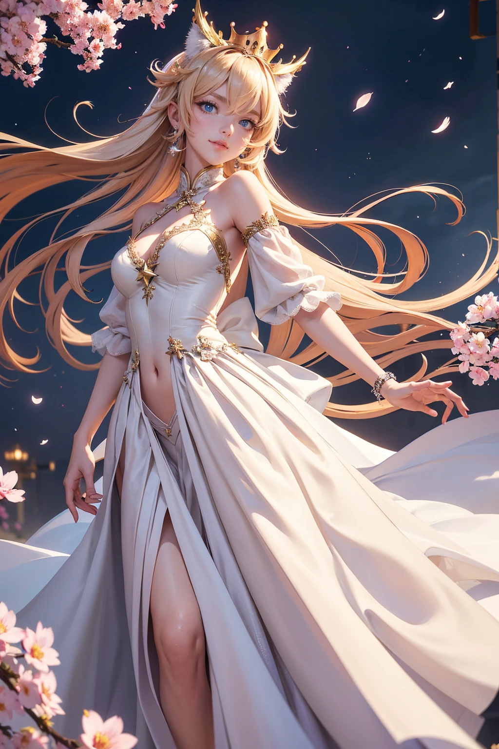 Kafka_(honkai: star rail), long hair, long flowing hair, floating hair, ornament hair, perfectly body, perfectly hands, crown in top of the head, wedding, wedding dress, white dress, on street, petals in the air, blossom peach tree, centered girl, Chinese style, blue jewel, dress, more details on her clothes, dress with transparency, golden details, daylight, smiling, cape, ((4k, masterpiece, top-quality)),8k, best quality, high resolution, HD, (illustration:0.8), super cute girl, delicate and beautiful face, 1girl, solo, mature girl, super cute hairstyle, (beautiful detailed eyes:1.6), extremely detailed face, perfect lighting, extremely detailed CG, (perfect hands, perfect anatomy), Best quality, cleavage, small skirt, full Body,