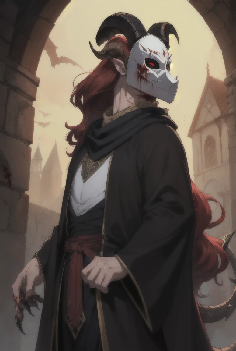 ((demon)), (((male))), male demon, ((scary demon), (((wearing a scary white mask))), blood, (((ram curved horns))), long wavy red hair, (((slavic black full clothes))), medieval scarf, monster claws, snake tail