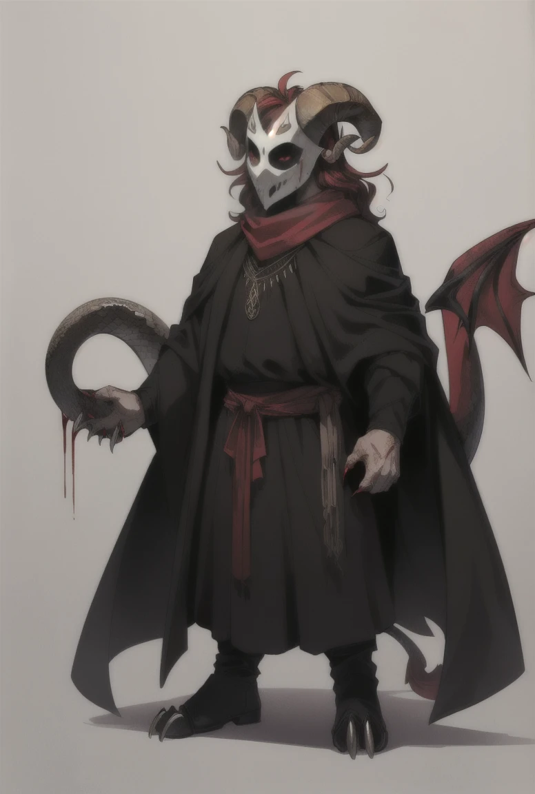 ((demon)), (((male))), male demon, ((scary demon), (((wearing a scary white mask))), blood, (((ram curved horns))), long wavy red hair, (((slavic black full clothes))), medieval scarf, monster claws, snake tail