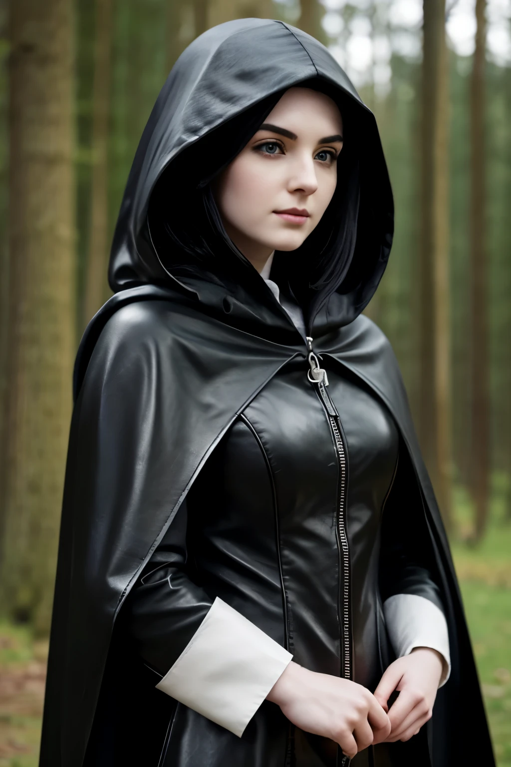 A female cleric with black hair and pale skin wearing black leathers and a black hooded cloak