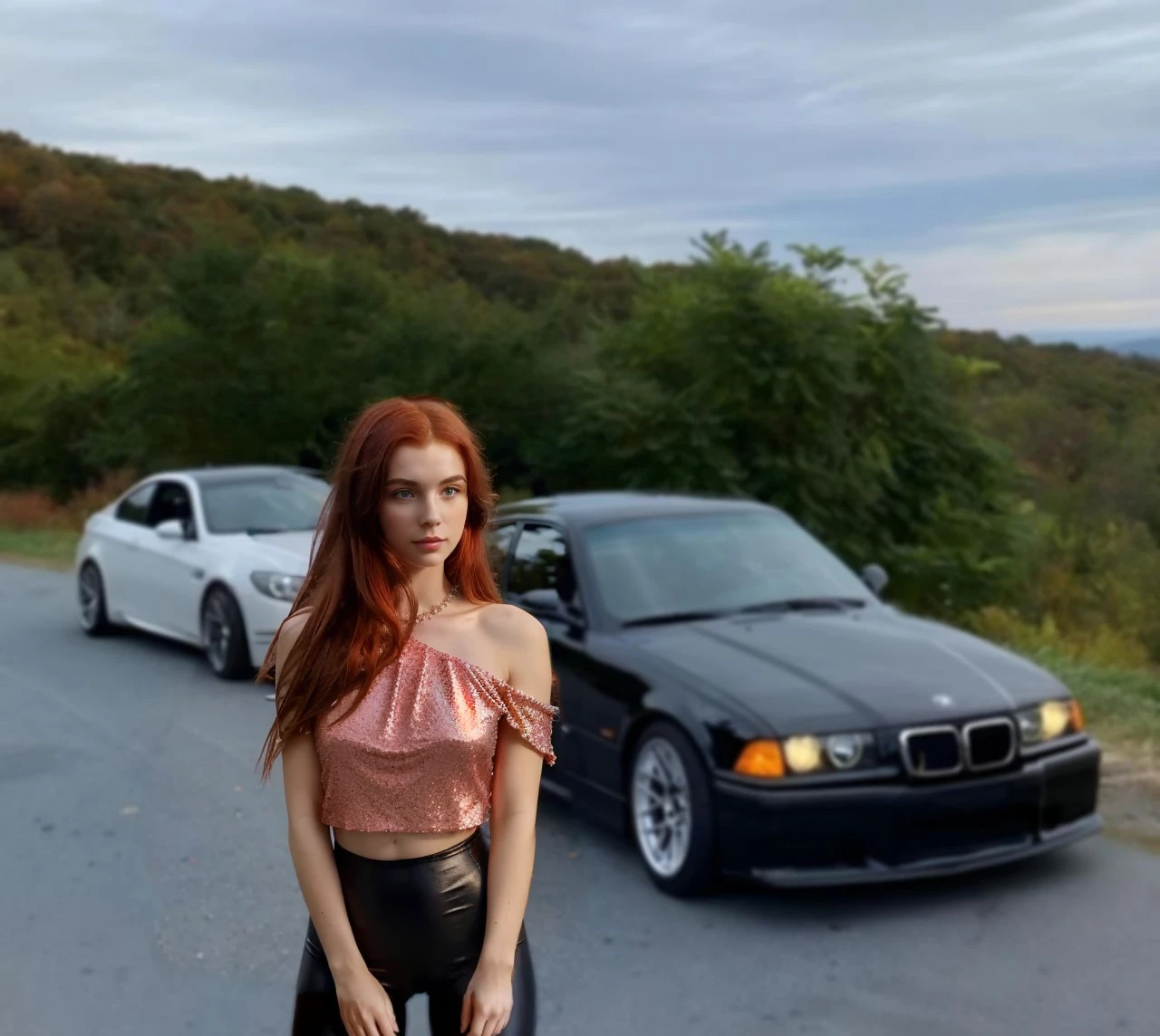 (((Masterpiece))), 25-year-old Caucasian French girl with shoulder-length messy red hair, adorned with  crystal glow, blooming hair akin to . Certainly!

Red top, black leggins,