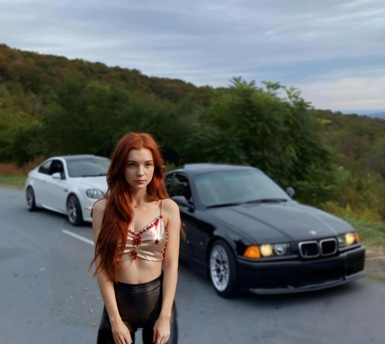 (((Masterpiece))), 25-year-old Caucasian French girl with shoulder-length messy red hair, adorned with crystal glow, blooming hair akin to . Certainly!
Red top, black leggins,