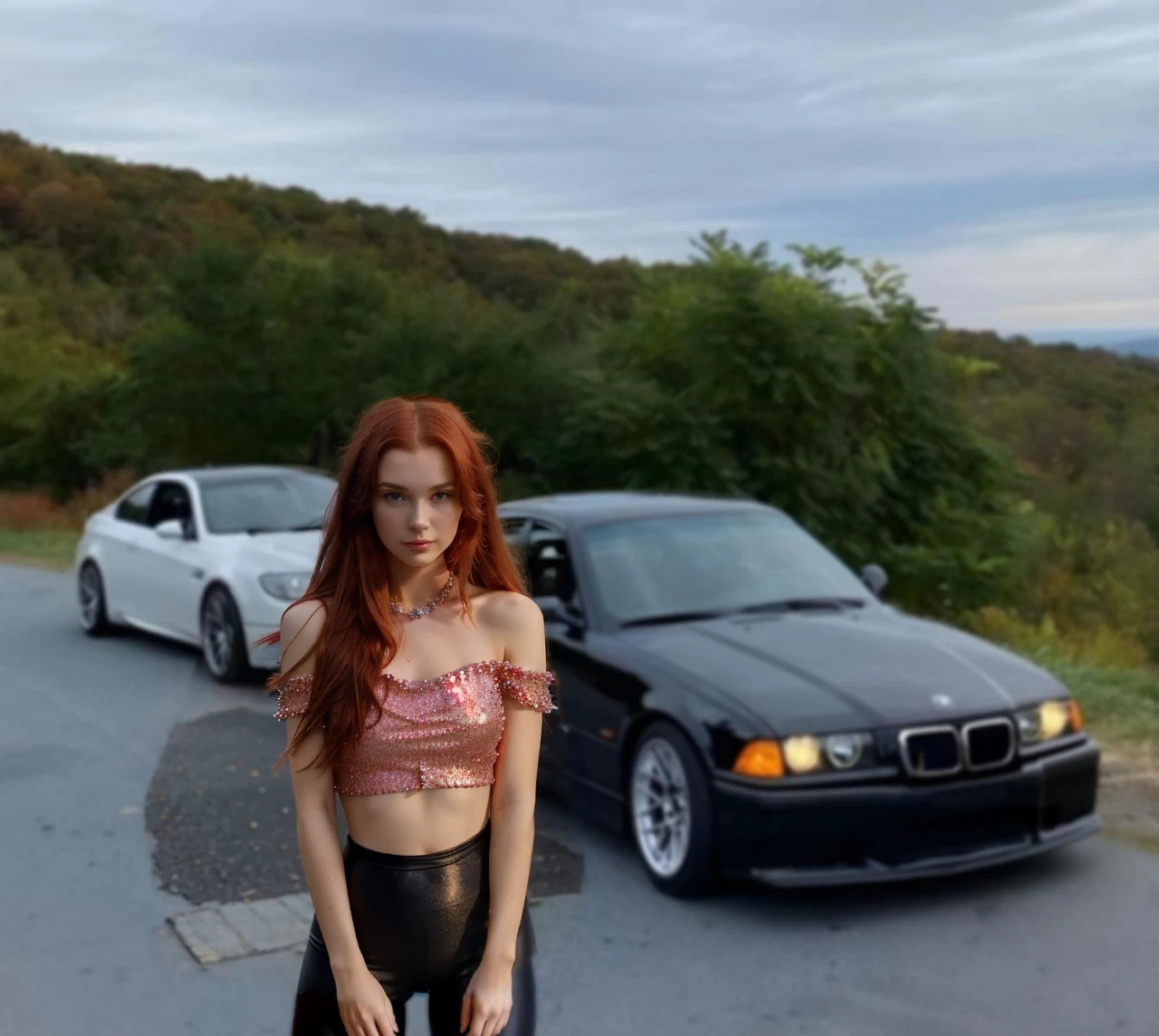 (((Masterpiece))), 25-year-old Caucasian French girl with shoulder-length messy red hair, adorned with crystal glow, blooming hair akin to . Certainly!
Red top, black leggins,