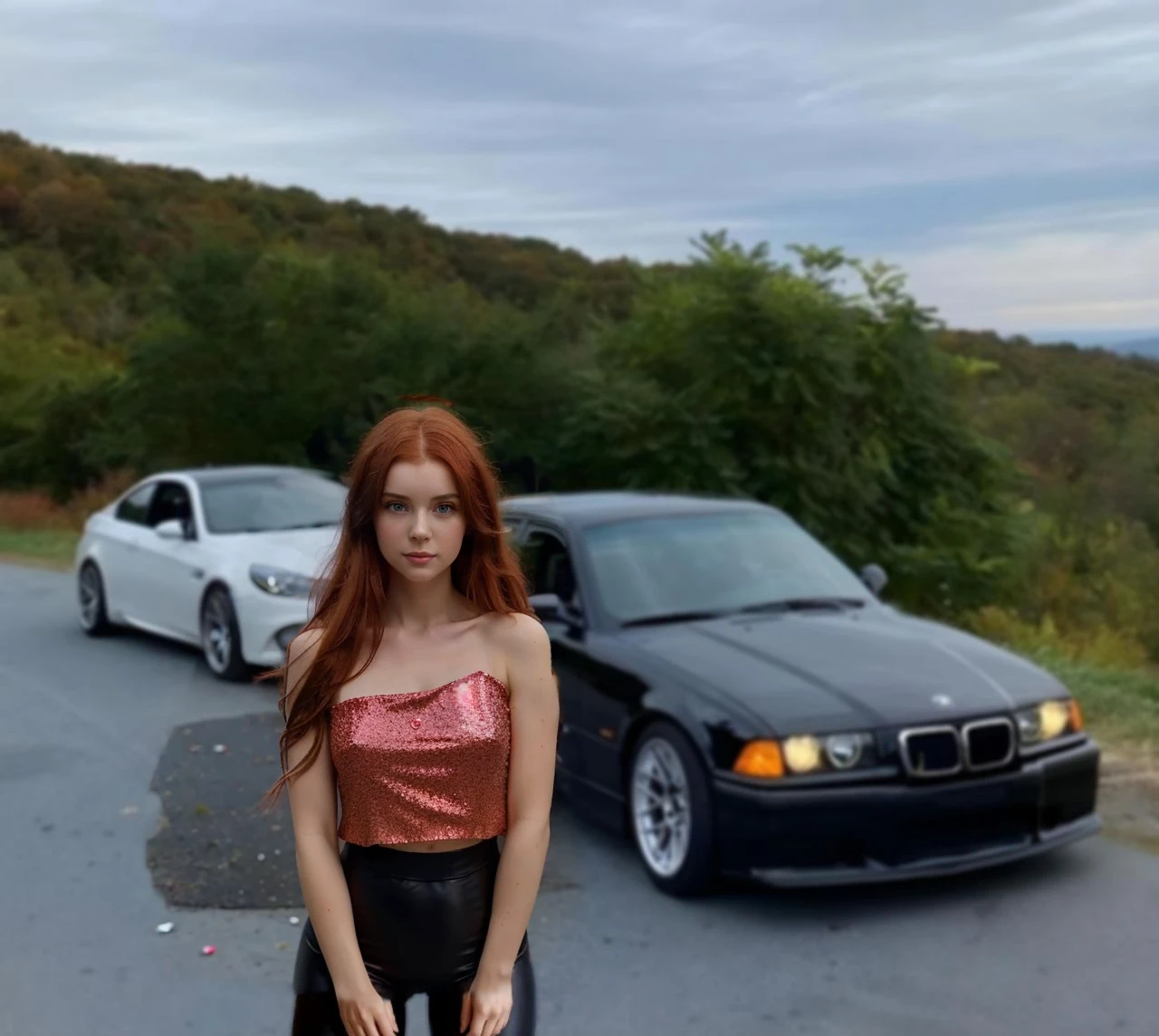 (((Masterpiece))), 25-year-old Caucasian French girl with shoulder-length messy red hair, adorned with crystal glow, blooming hair akin to . Certainly!
Red top, black leggins,