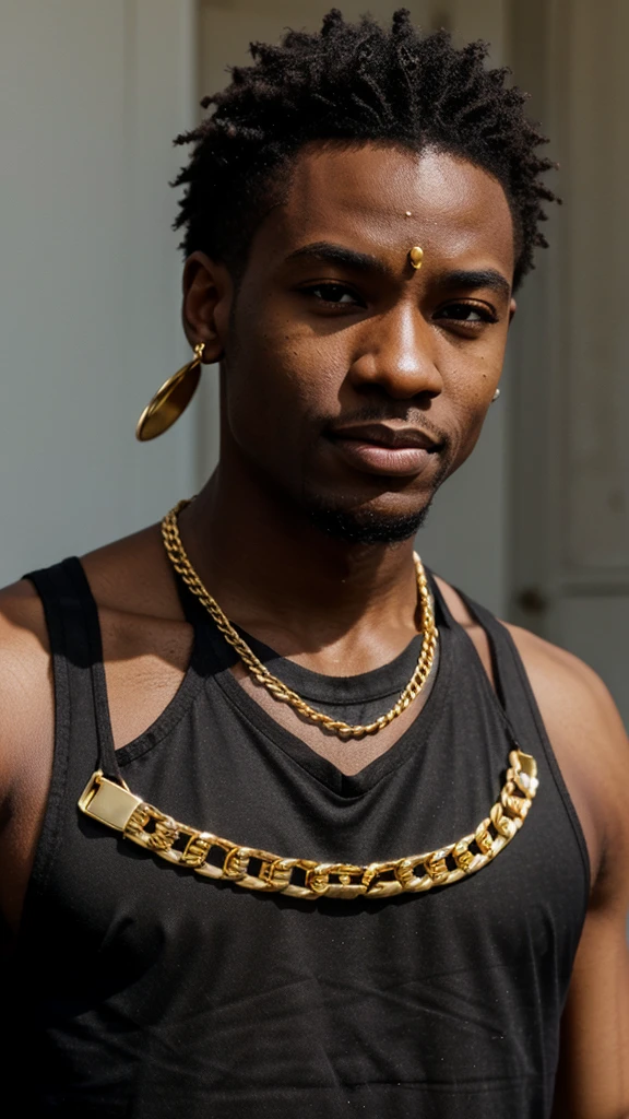 BLACK MAN, BLACK BANDANA, WHITE TANK TOP, GOLD CHAIN, FACE FRONT, BRIGHT FACE, BLACK MAN