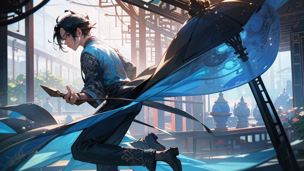 male　Black Hair　blue eyes　pants　cutter　boots　Chinese style　greenhouse　birdcage　Spring flower　masterpiece　Best image quality　Noise Reduction　Transparent parts 　Shadows in the movie　Enhance eye appeal　Transparent parts the shine of the eyes　Draw eyelashes neatly　Perfect Eyes　Fine grain　Sharpen image quality　Write with a sharp eye　Transparent parts eye shape