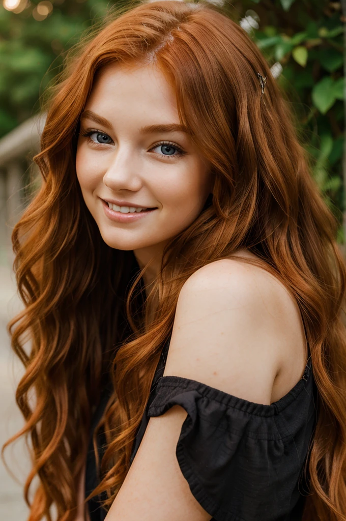 a striking smiling young woman with long, wavy hair is a vibrant ginger red, cascading down her back in loose curls. Her pale complexion is accented by high cheekbones. Her light brown eyes are expressive and kind. 