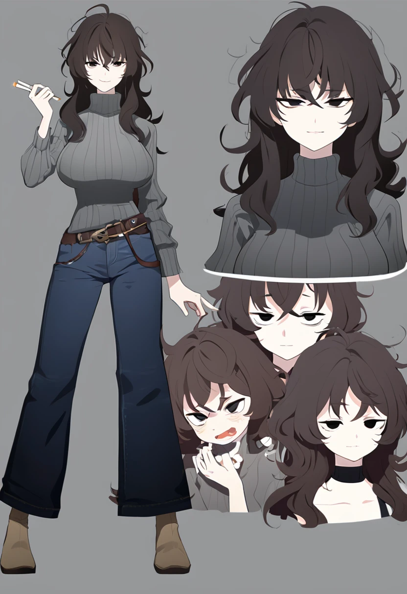 One Woman,Downer,older sister,Concept Art,Dark brown hair,Straight hair with slight inward curls,Staring eyes,Eye Ridge,black eye,Crossed bangs,whole body,smile,Larger breasts,Gray background,Bangs that reach down to the eyes,Messy hair,Tight dark jeans,Gray turtleneck sweater,Multiple views of the same character,Character Design,Dark circles under the eyes,Bad look,Listless,Sloppy,Silver Jewelry,Cafe staff,Holding a cigarette,whole bodyCharacter Design,Detailed hands,Height: 170cm,boots,Fleshy body,