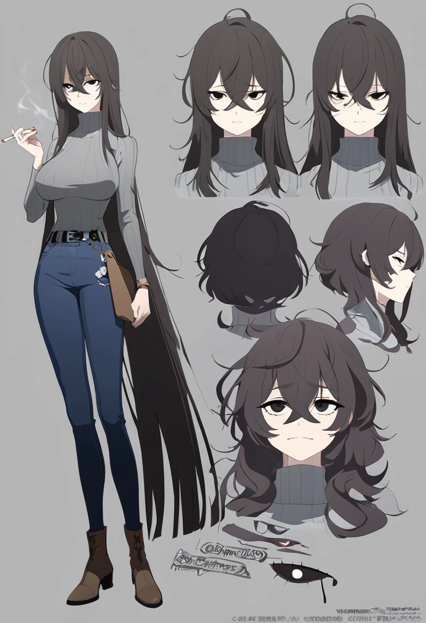 One Woman,Downer,older sister,Concept Art,Dark brown hair,Straight hair with slight inward curls,Staring eyes,Eye Ridge,black eye,Crossed bangs,whole body,smile,Larger breasts,Gray background,Bangs that reach down to the eyes,Messy hair,Tight dark jeans,Gray turtleneck sweater,Multiple views of the same character,Character Design,Dark circles under the eyes,Bad look,Listless,Sloppy,Silver Jewelry,Cafe staff,Holding a cigarette,whole bodyCharacter Design,Detailed hands,Height: 170cm,boots,Fleshy body,