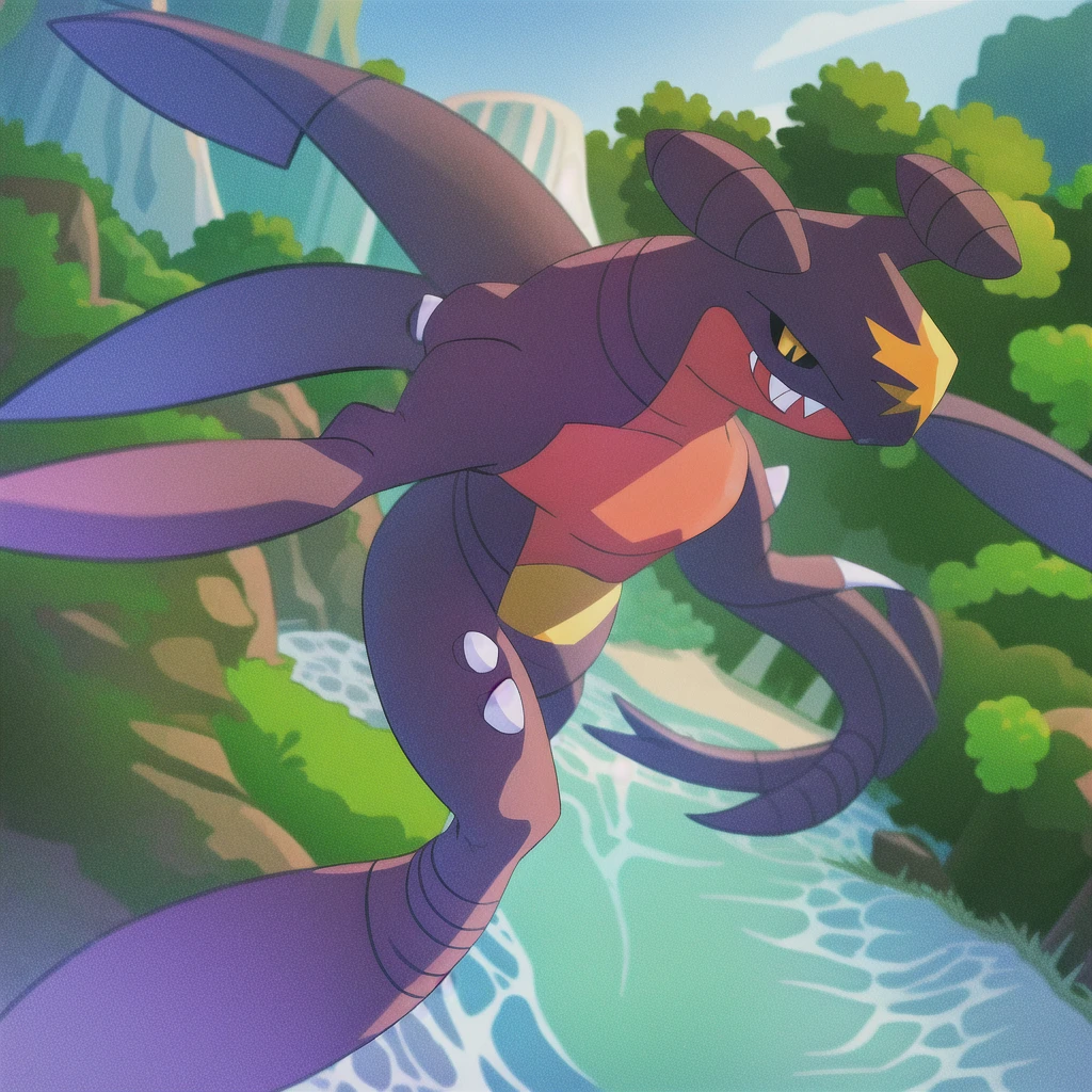 garchomp, solo, anime, smile, closed mouth, looking at viewer, forest, bush
