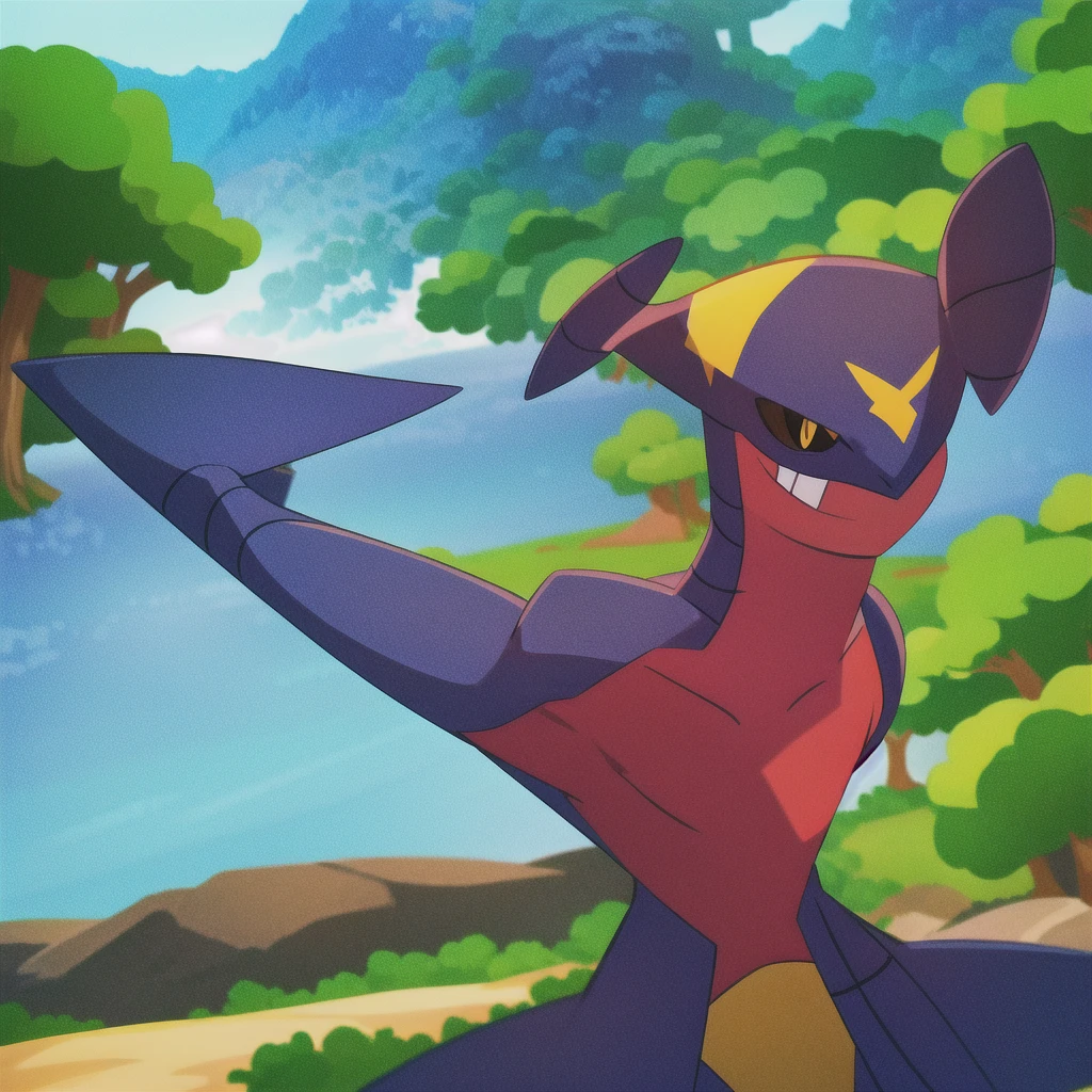 garchomp, solo, anime, smile, closed mouth, looking at viewer, forest, bush