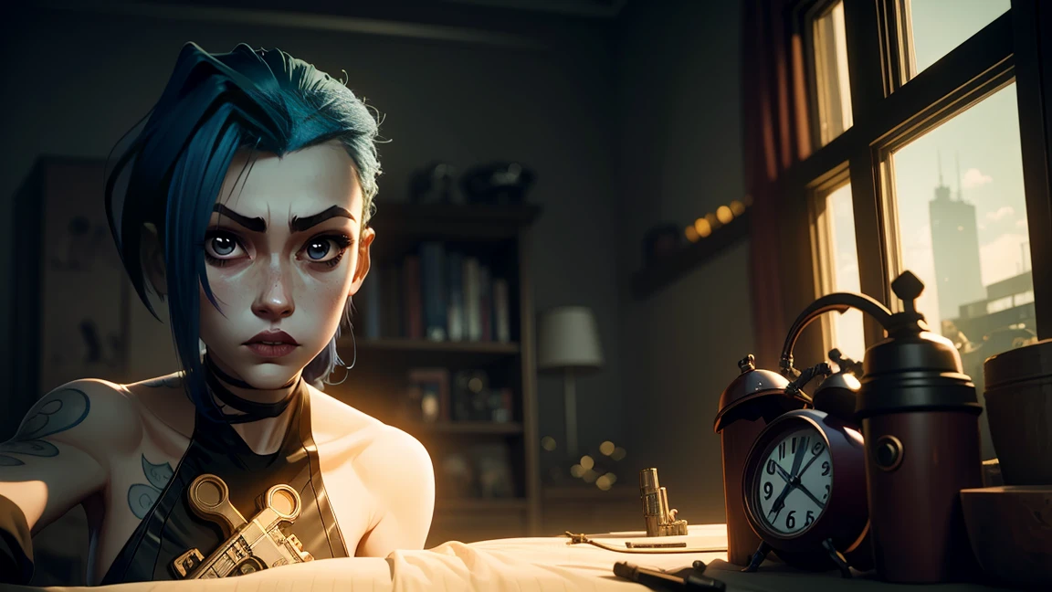 jinx pov looking at an alarm clock with a gun in hand