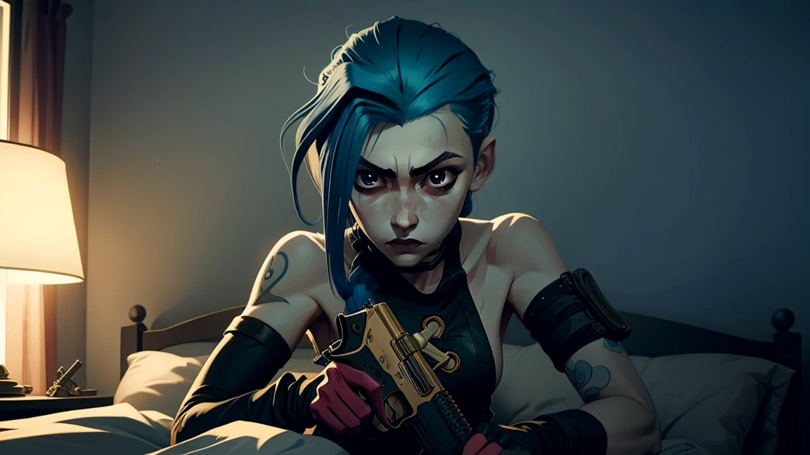 jinx pov looking at an alarm clock with a gun in hand