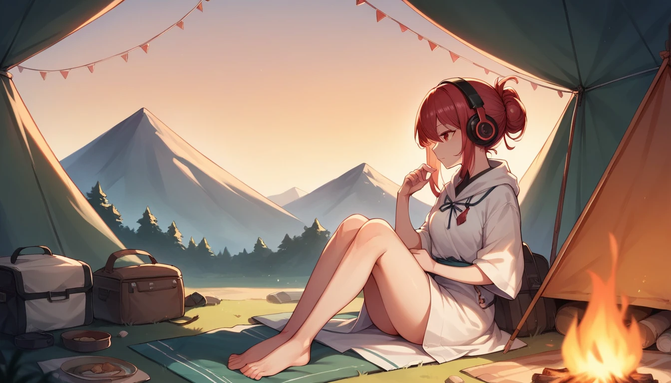 A beautiful Japanese girl, around 18 years old, wearing large headphones and a white dress, is camping. She is sitting by a campfire, with a tent and nature in the background. The scene is set during sunset, with a red-tinted sky.