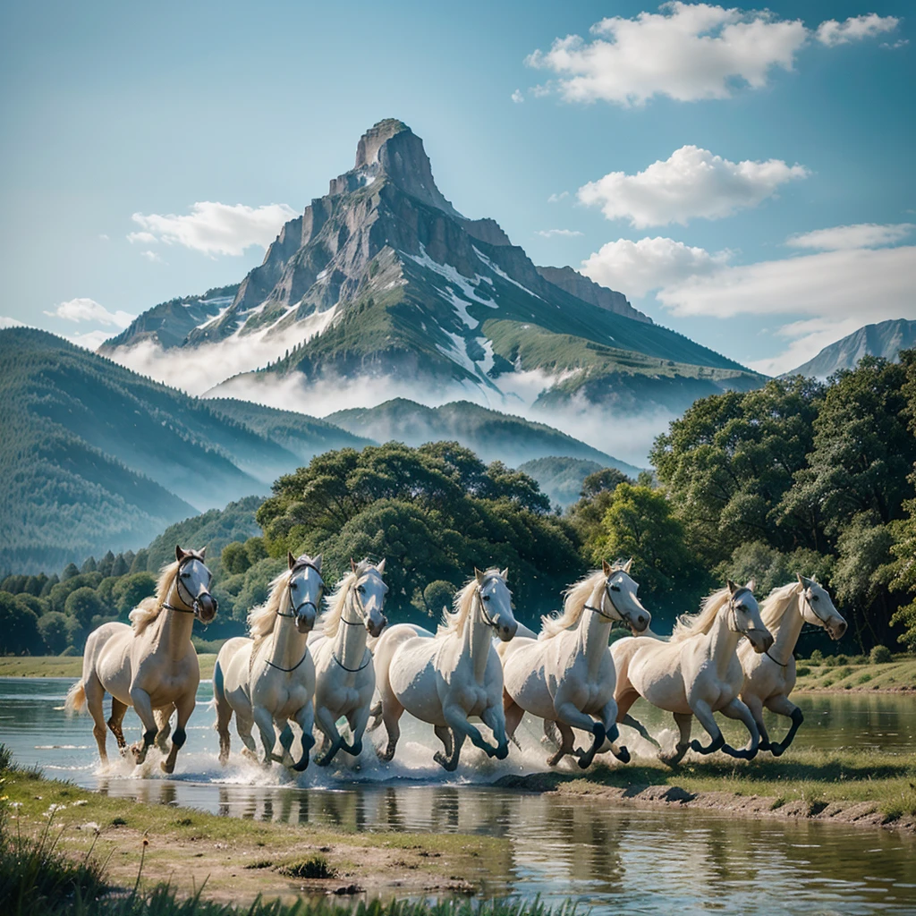 eight wild white horses racing through green forest on the shallow water, surrounded by towering mountain range under blue sky, the atmosphere filled with an aura of wonder and mystique, Painting, watercolors on textured paper
