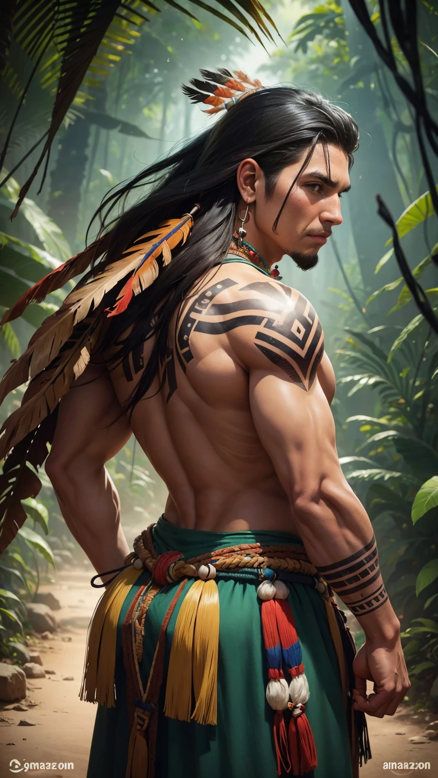 ((obra-prima)), (((corpo todo))), ((((melhor qualidade))),((Folha de design de personagem, design de personagens, mesmo personagem, Frontal angles, Side angles, Rear angles), Create a dramatic lighting image of a Native American man, serious countenance, com dedos extremamente perfeitos, perfect hands, de 50 anos, The face with indigenous war ink, Traje nativo brasileiro, amazon jungle background