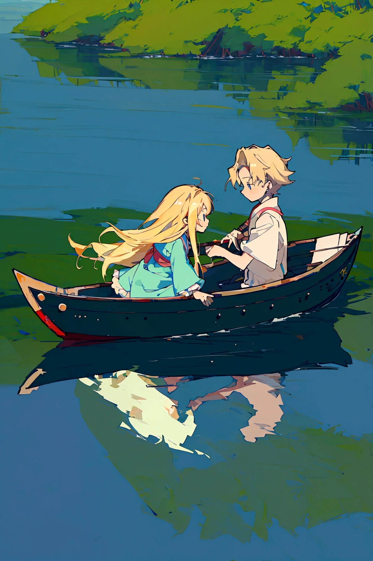 Anime Scene of girl and boy in a boat on a river, Gweiz-style artwork, Anime Rush John 8k Woods, Lofi Art, Lofi Artstyle, On the Lake, Created by Anime Painter Studio, beautiful Anime Scene, koto no ha no niwa, At the Lake, Beautiful peaceful scene in anime, Anime Background, Anime Scene, masterpiece, Highest quality, Highest quality, masterpiece, High resolution, A long-haired blonde girl in a frilly dress and a blonde boy in fairy-tale clothes are facing each other on a boat、A boat floats on a pond in the green forest in early summer、A boy and a girl are sitting facing each other、A boy is rowing a boat