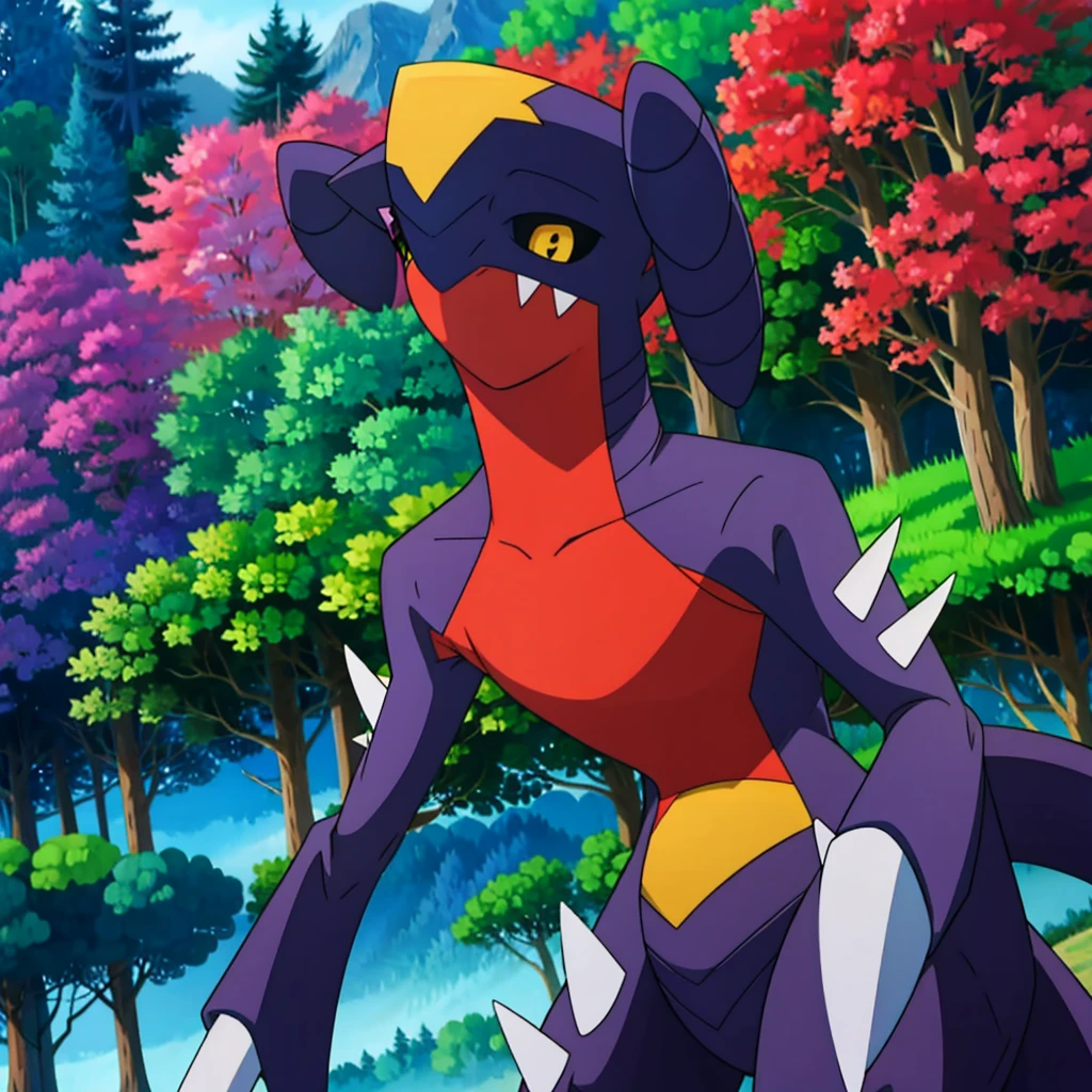 garchomp, solo, anime, smile, closed mouth, looking at viewer, forest, bush