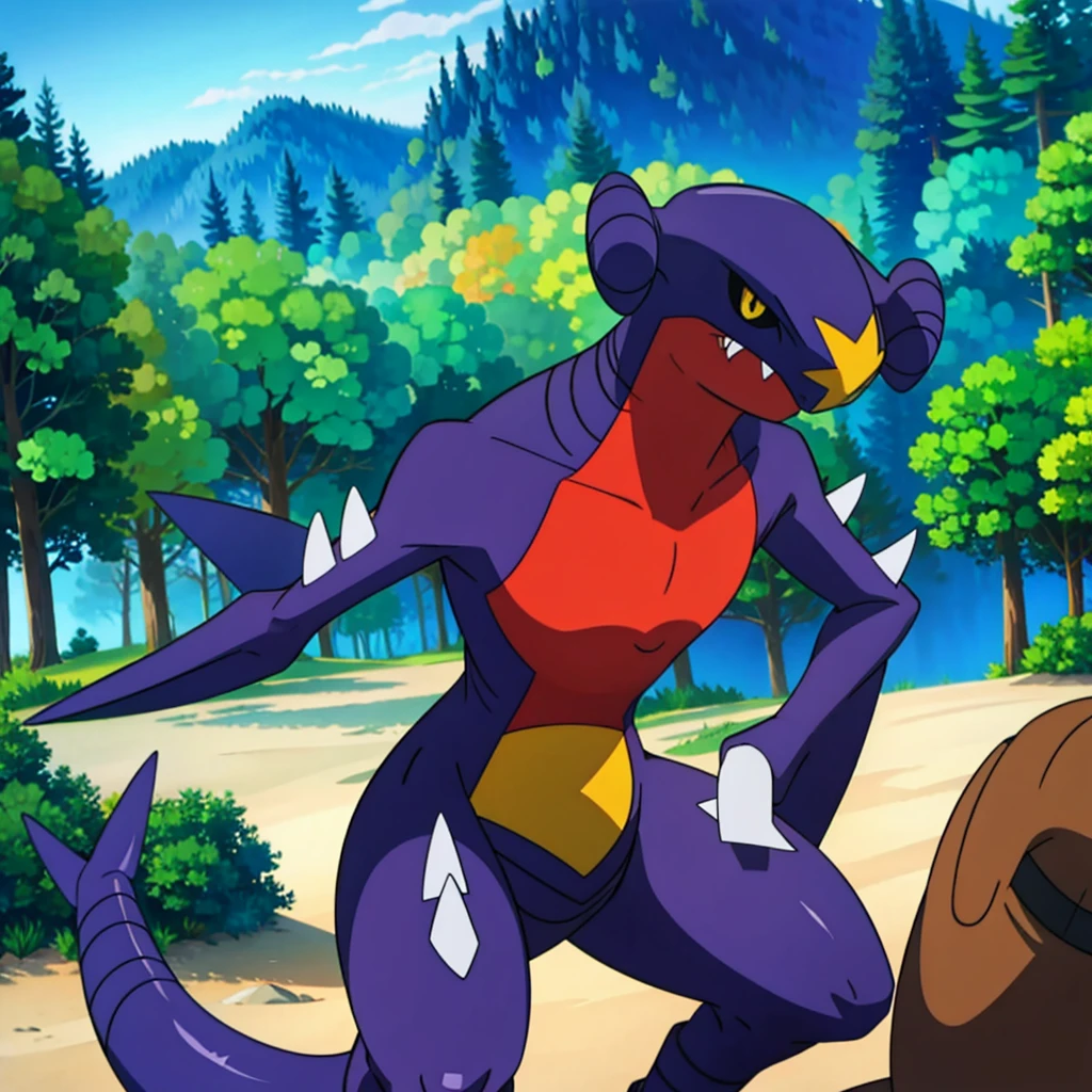 garchomp, solo, anime, smile, closed mouth, looking at viewer, forest, bush