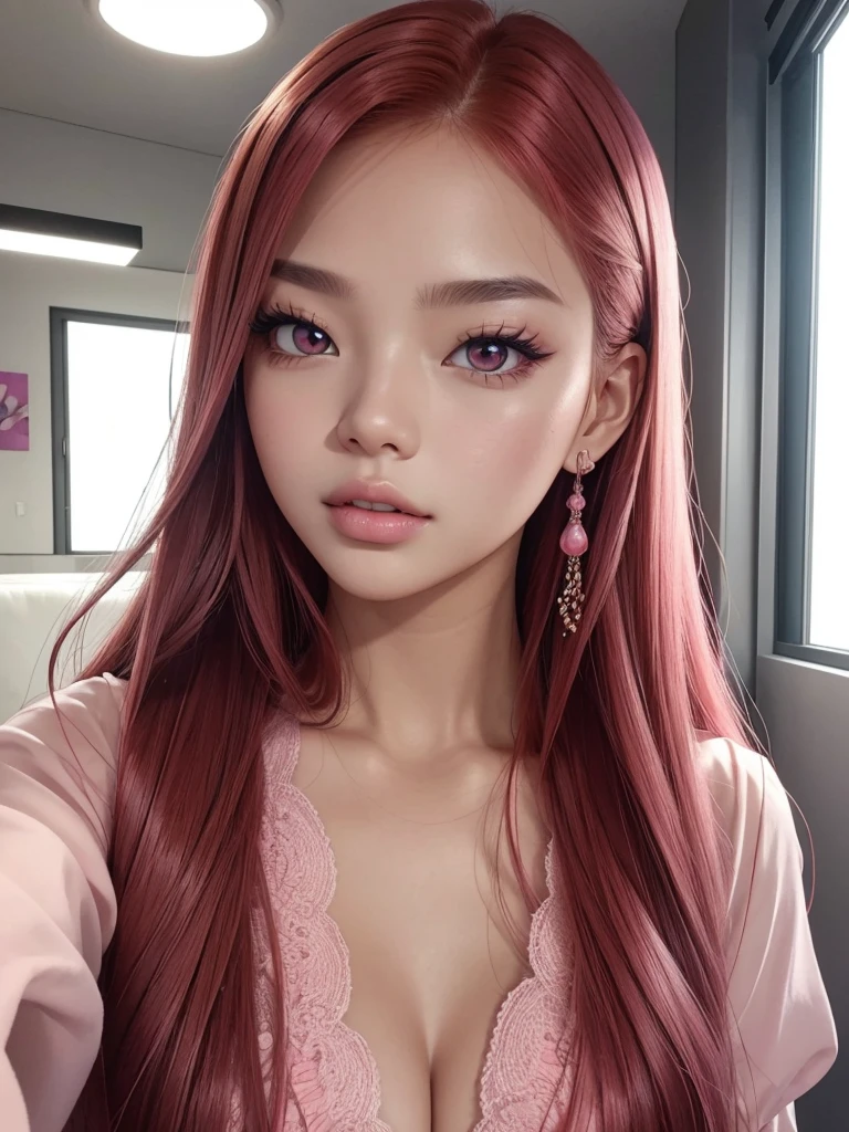 glowing skin, lips, sacimaer detailed skin, Beautiful face and detailed pink eyes, Spotlight, professional lighting, 1 girl, Alone, long hair, wearing a cute and colorful  outfit, natural pose, lips, indoor, realistic, I want the whole image be created, face and body of blackpink's Jennie kim with red hair and in four places with different poses doing random things taking selfies, selca format  