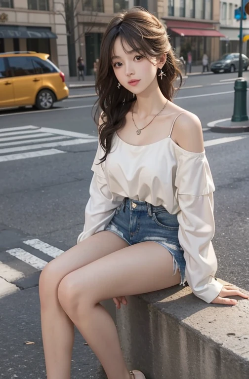 ((John,hair)), stand up, (Very delicate and beautiful work), (masterpiece), One girl, Delicate off-the-shoulder top,Delicate denim shorts,Beautiful feet, Very detailed, 長い白いhair,Full Body Lesbian, A charming smile, Beautiful and clear eyes, Delicate necklace, Delicate earrings, Very detailed説明, Big tits beautiful,Delicate face, Thin clavicle,Nice lips, The other side of softness, Mix 4,(8k, RAW Photos, Highest quality, masterpiece:1.2), (Realistically, Photo Real:1.4), One girl, Adorable, Street,Physically Based Rendering, Full Body Lesbian