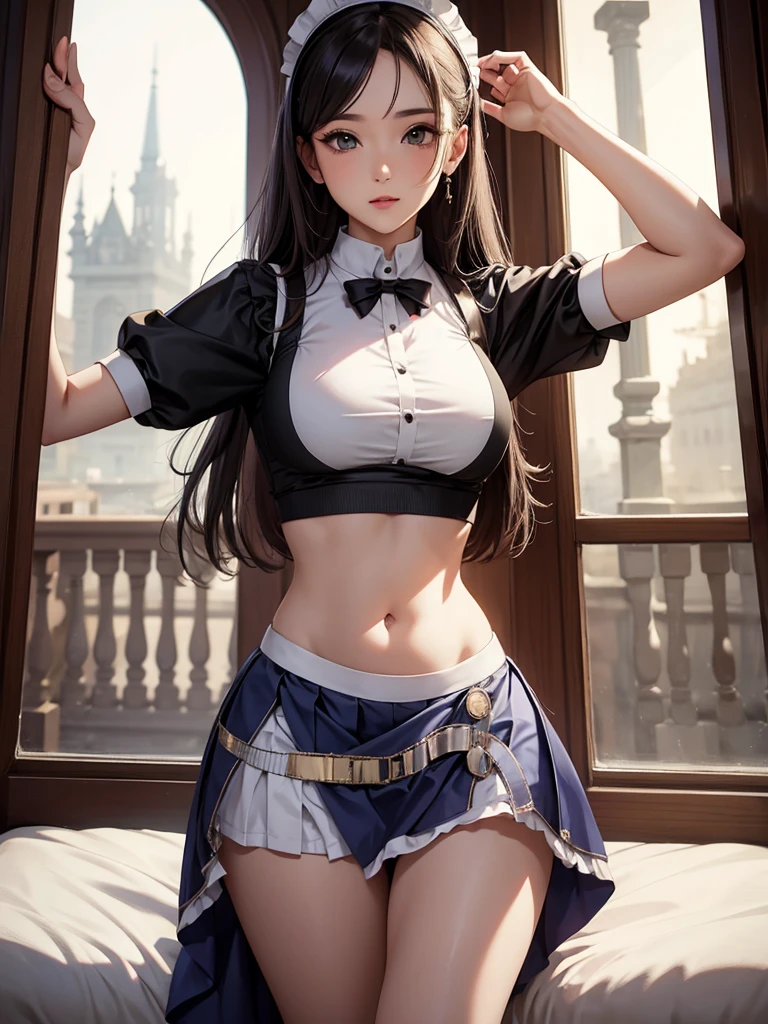 Woman in crop top maid uniform, showing navel, skirt, Mansion, beautiful belly, belly