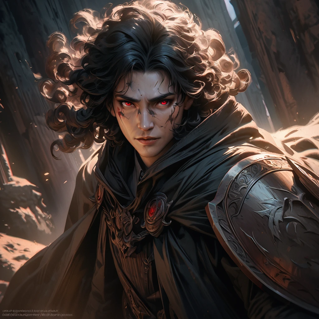 a handsome man with short black hair, curly hair, red eyes, wielding a scythe and shield, dark aura surrounding him, detailed facial features, highly detailed, cinematic lighting, dramatic shadows, dark color palette, fantasy art style, digital painting, 8k, hyper realistic, masterpiece, cloak
