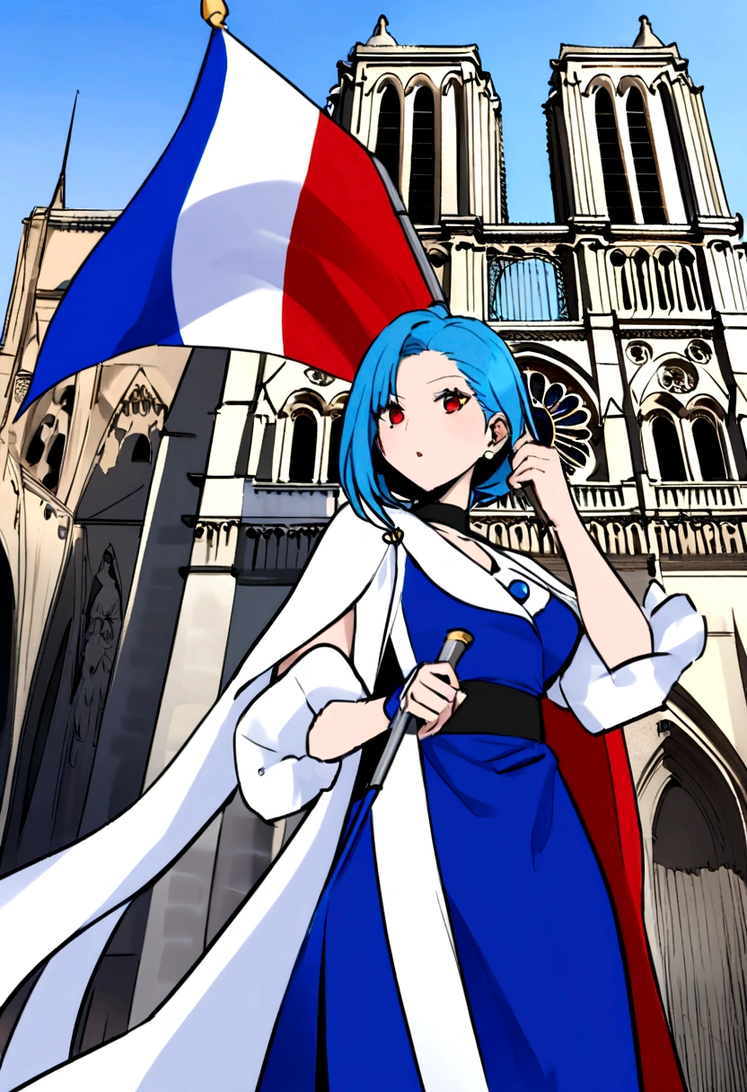 

Chun-Li with a flag of France in the colors blue white red, behind Notre Dame de Paris