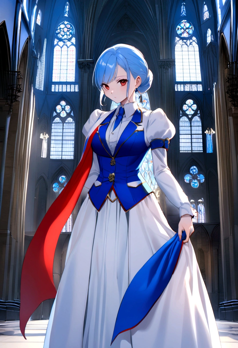 Chun-Li with a flag of France in the colors blue white red, behind Notre Dame de Paris