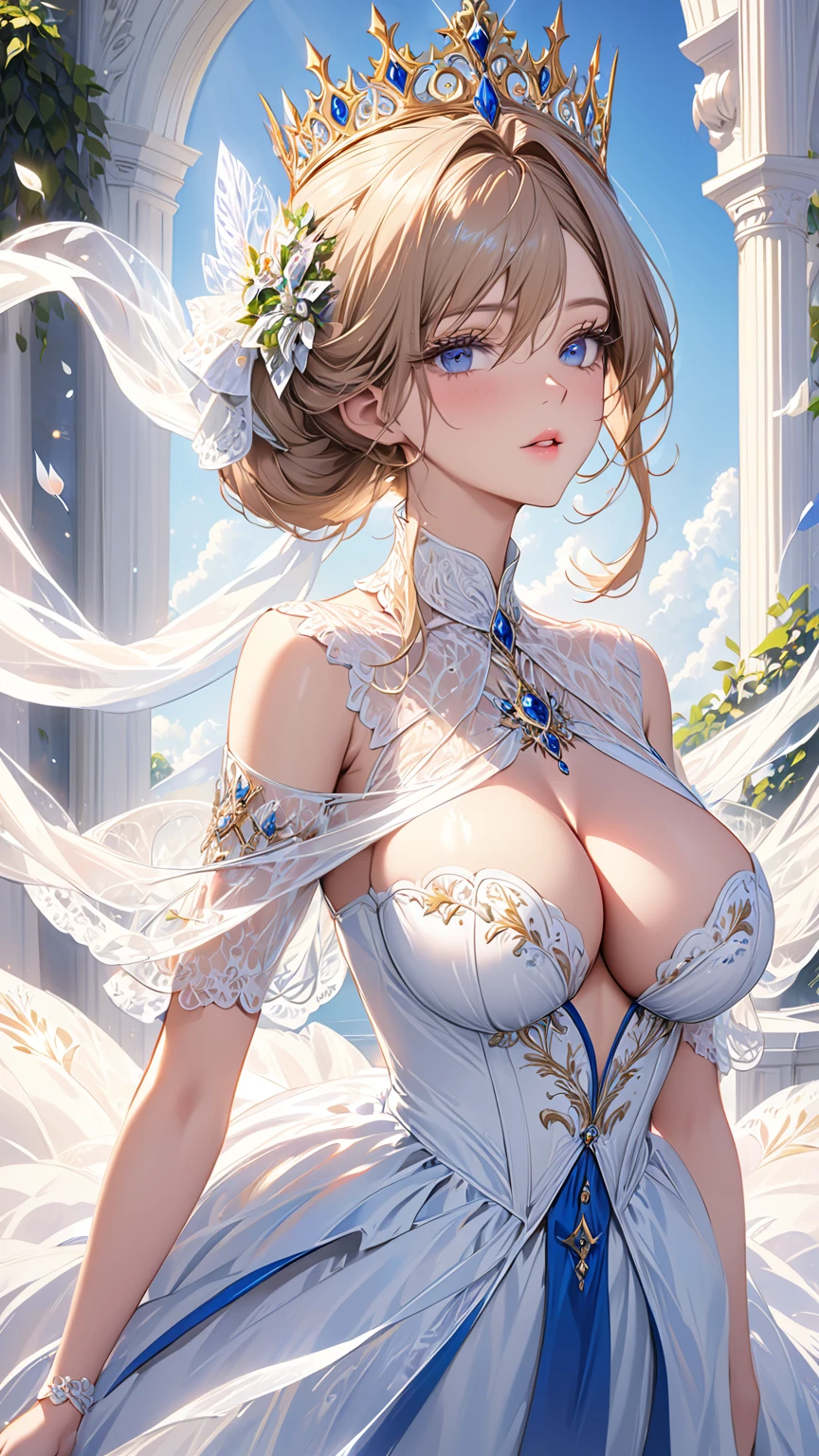 masterpiece:1.4,best-quality,Super Detail,Very Delicate and Beautiful, ((( royal woman , obscene royalty dress ))), very gigantic breasts, cleavage, very slender, off-shoulder, perfect face, beautiful eyes