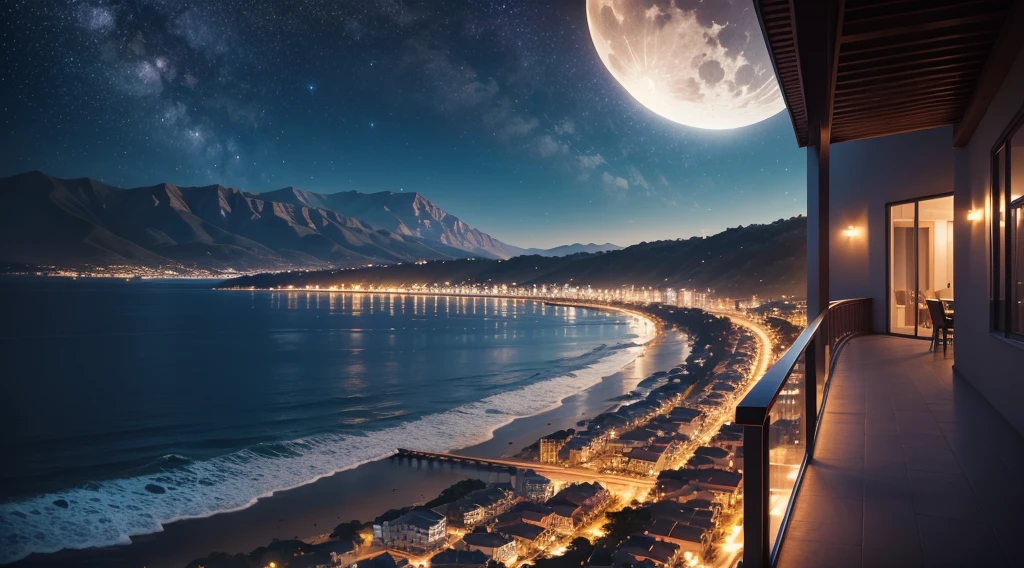 Night view, Starry Sky, Bright Moon,  Sea view, Praia, Night Light, Distant Mountains, High buildings, Volumetric Light, best quality, detailed, Detailed architecture, synthesis，Coastal close-up