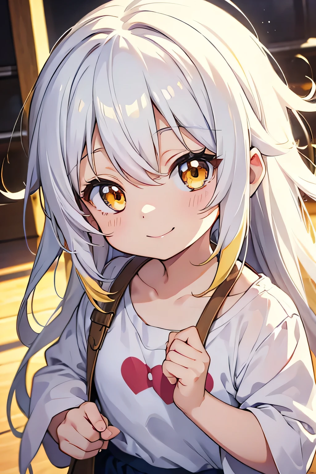 toddler, cute anime toddler, smiling, white hair and yellow hair, long hair, messy hair, golden eyes
