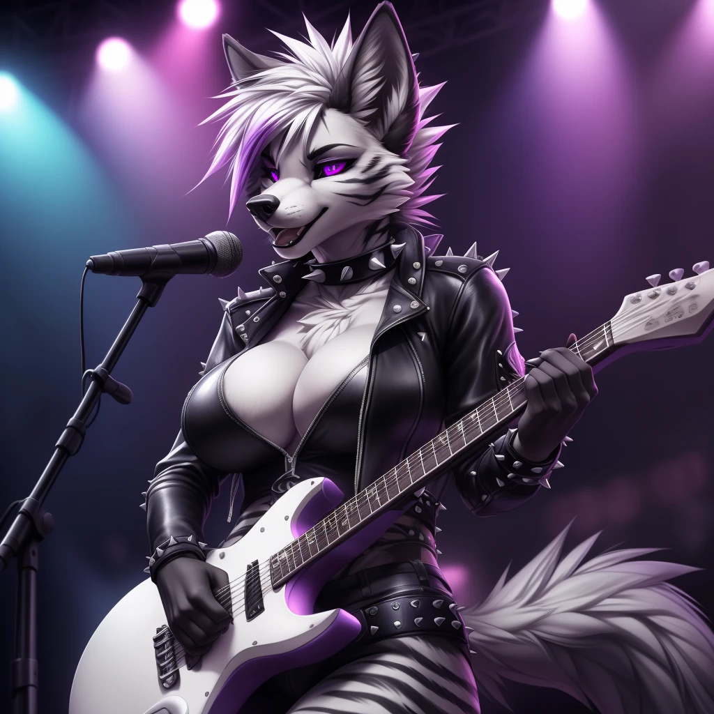 uploaded on e621, (by Wildering, by Koul, by fluff-kevlar, by aycee), solo, female wolf, wolf ears, neck tuft, hip tuft, leg tuft, wolf tail, ((black sclera, purple eyes)), ((rockstar outfit)), ((portrait)), (masterpiece), (best quality), (anthro furry:1.3, snout:1.2, anthro:1.3, furry:1.2, solo female:1.2), (hourglass figure, curvy figure), (wide hips), (thick thighs), ((huge breasts)), (suggestive pose), (((black stripes on body, grey fur))) BREAK (((white punk hair))), (concert stage background, depth of field, ambient light on the body), (intricate:0.7), (high detail:1.3), (unreal engine:1.3), (sharp focus:1.15), (masterpiece, best quality, 4k, 2k, shaded, absurd res), ((cleavage overflow)), ((leather spiked collar)), ((holding electric guitar)), ((singing))
