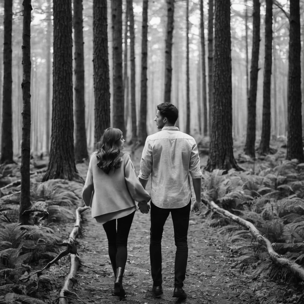 Black and White Photography，forest，Two people，Man and woman，Holding Hands，it&#39;s foggy，early morning，Vision，George Digalakis Style，RAW，UHD，8k，Detailed Details，Best quality，Sense of atmosphere，National Geographic Photography Award Winners