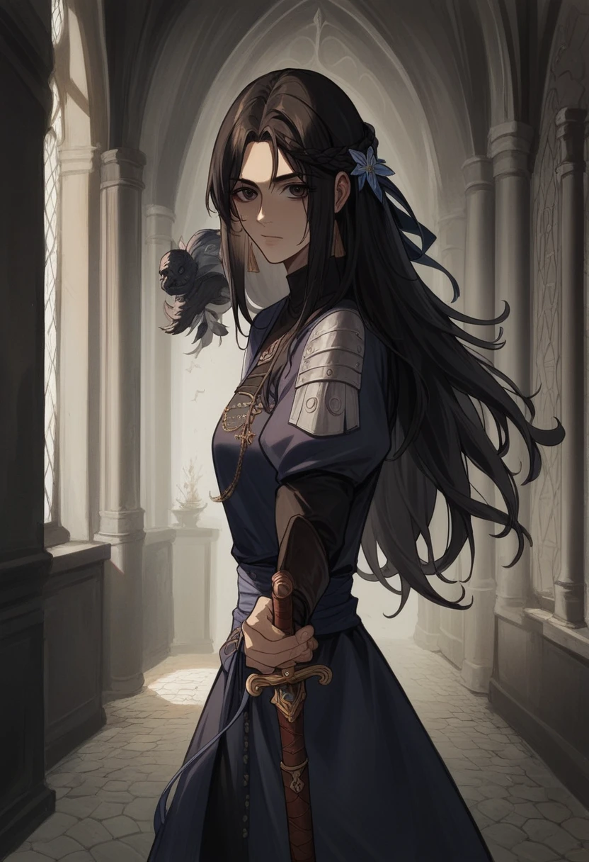 arafed woman in a medieval dress holding a sword in a dark room, magali villeneuve', inspired by Magali Villeneuve, as a medieval fantasy character, fantasy character photo, medieval dark fantasy, maya ali as a d&d sorcerer, graphic artist magali villeneuve, medieval style, arcane from netflix