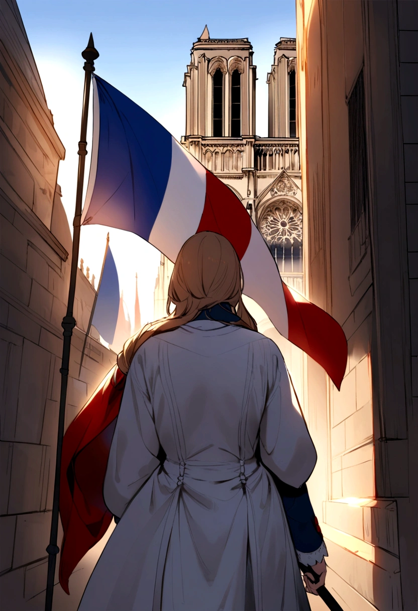 Heather Mason with a blue white red flag of France, behind Notre Dame de Paris