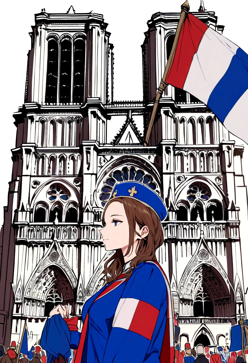 Heather Mason with a blue white red flag of France, behind Notre Dame de Paris