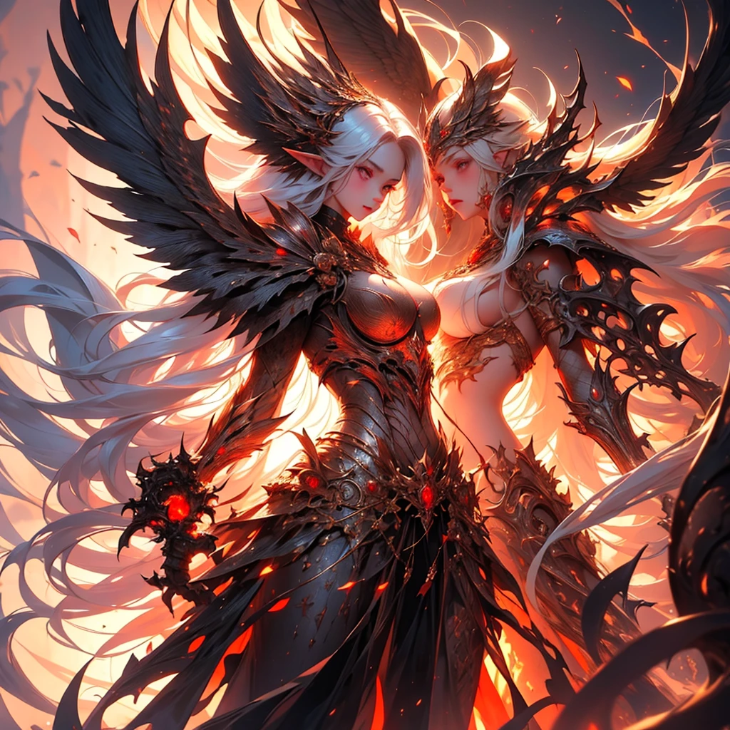 ,The soul phoenix with fluffy straight golden hair,A strand of her hair fell on her face,Cold white skin,Light red skin,The eyes are like rubies,pointed elven ears,Sexy body,Big round breasts and big ass,Souls around, Red energy, strength,high quality,high resolution,detailed, Vibrant colors , Correct proportions, Perfect anatomical structure, detailed eyes, Realistic eyes,detailed background, Realistic Environment, No deformation