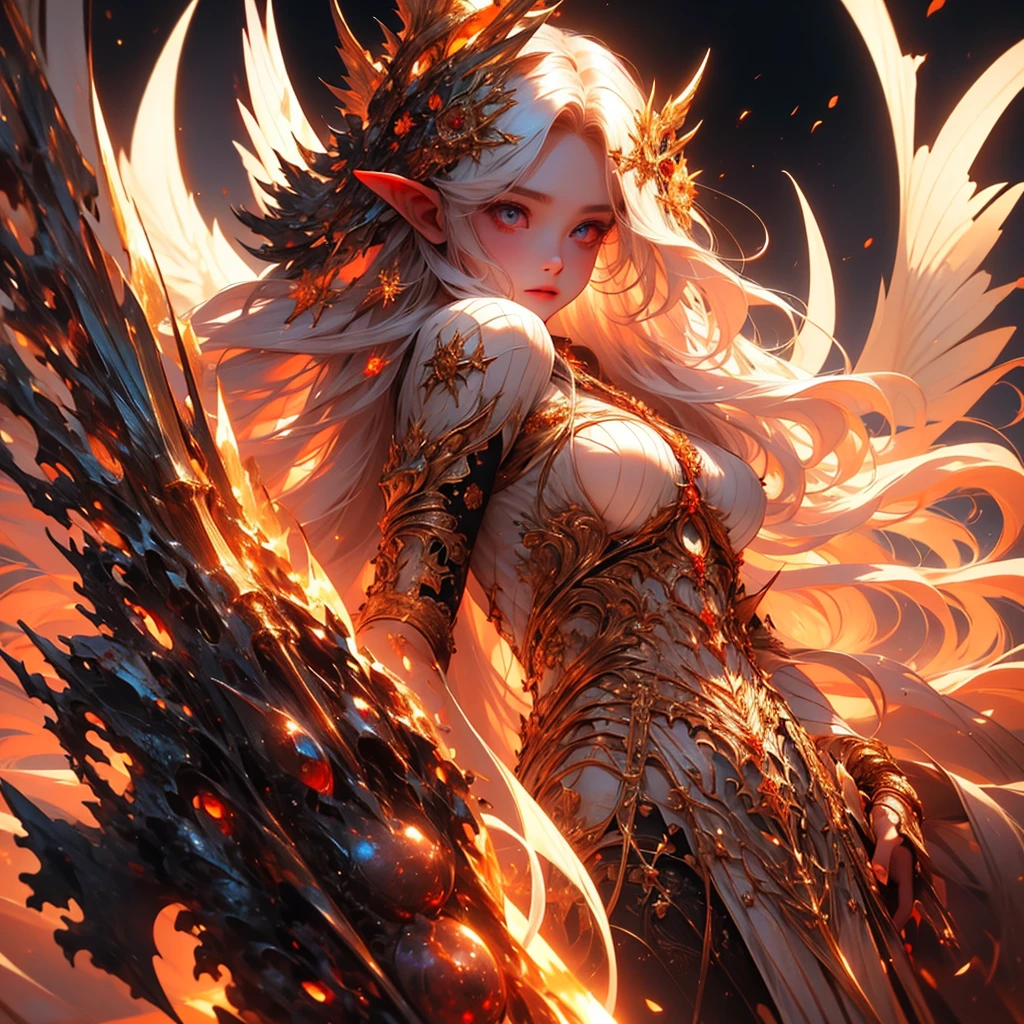 ,The soul phoenix with fluffy straight golden hair,A strand of her hair fell on her face,Cold white skin,Light red skin,The eyes are like rubies,pointed elven ears,Sexy body,Big round breasts and big ass,Souls around, Red energy, strength,high quality,high resolution,detailed, Vibrant colors , Correct proportions, Perfect anatomical structure, detailed eyes, Realistic eyes,detailed background, Realistic Environment, No deformation