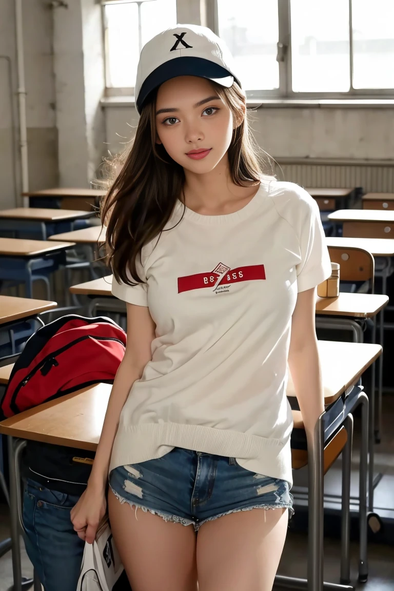 sexe entre deux femme sexy et mince de 18 ans , short sleeve short sweater , dans une salle de classe , casquette, ,jambe visible,se touche