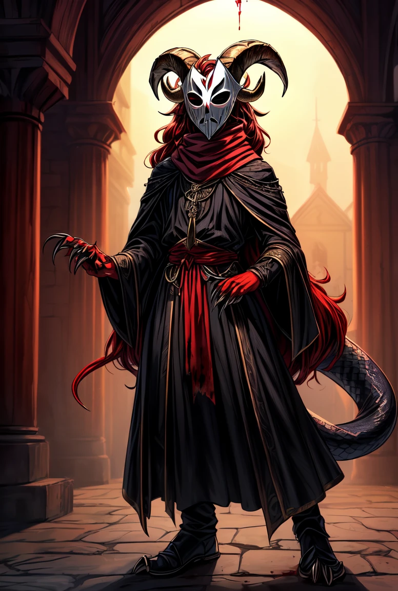 ((demon)), (((male))), male demon, ((scary demon), (((wearing a scary white mask))), blood, (((ram curved horns))), long wavy red hair, (((slavic black full clothes))), medieval scarf, monster claws, snake tail