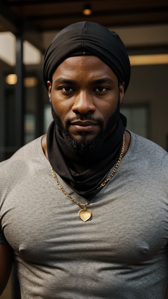 black man, buff, muscular, healthy, in his 30's, black bandana, gray trunk shirt, thin gold chain, beard, face front